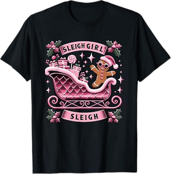 Groovy Pink Christmas Candy Sleigh Girl Gingerbread Holiday T-Shirt