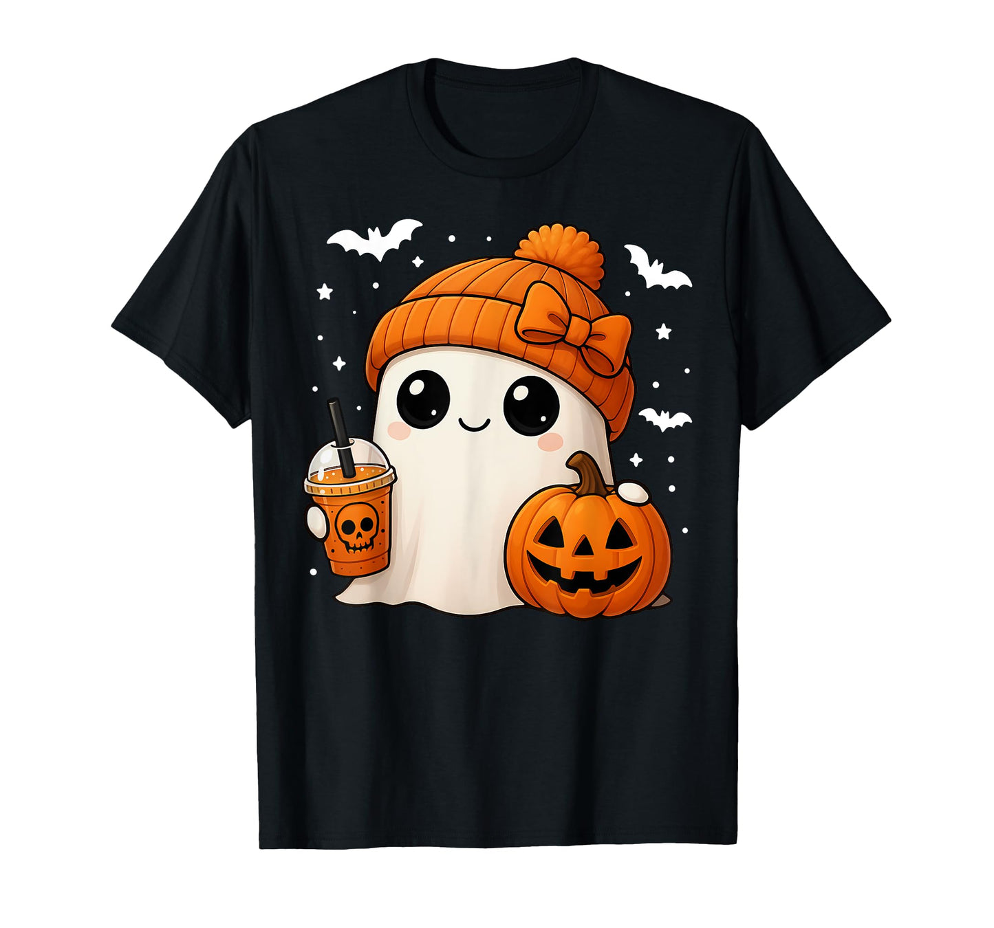 Halloween Cute Ghost Drink Pumpkin Women Girl Bow T-Shirt