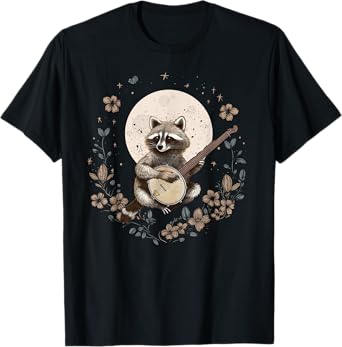 Cottagecore Aesthetic Raccoon Playing Banjo Moon Racoon Tee T-Shirt