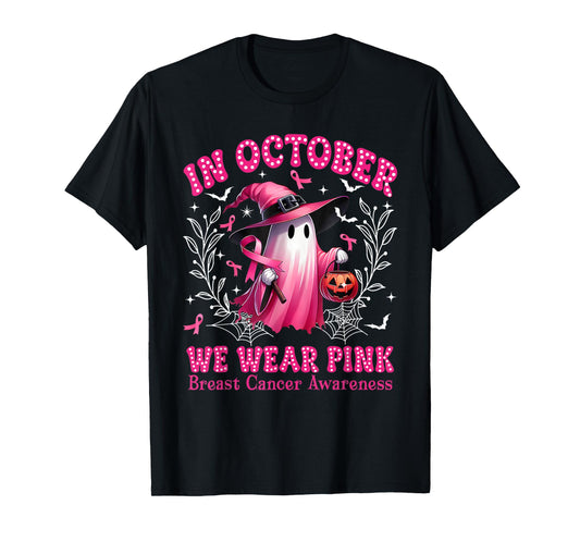In October We Wear Pink Ghost Witch Breast Cancer Awareness T-Shirt
