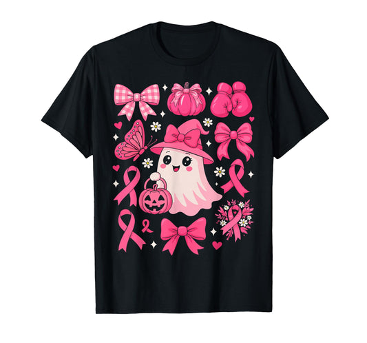 Floral Ghost Pink Ribbon Coquette Bow Pumpkin Breast Cancer T-Shirt