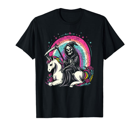Vintage Rainbow Grim Reaper Unicorn Lover Horror T-Shirt