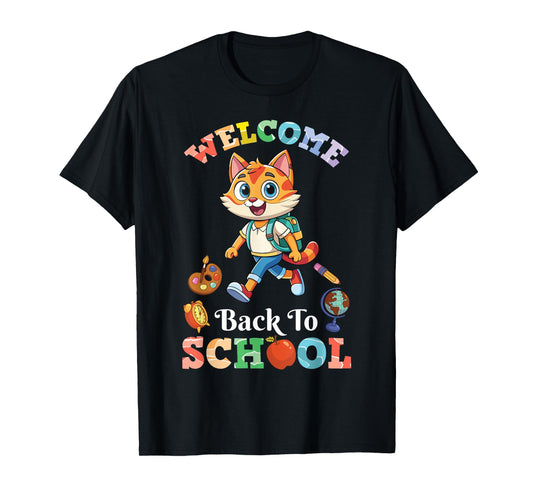 Cute Cat Student With Backpack Welcome Back To School Day T-Shirt
