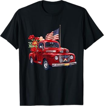 Red Truck With Flowers American Flag Happy 4th Of July Women Men T-Shirt