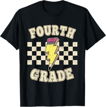Retro 4th Fourth Grade Teacher Lightning Bolt Pencil Teacher T-Shirt