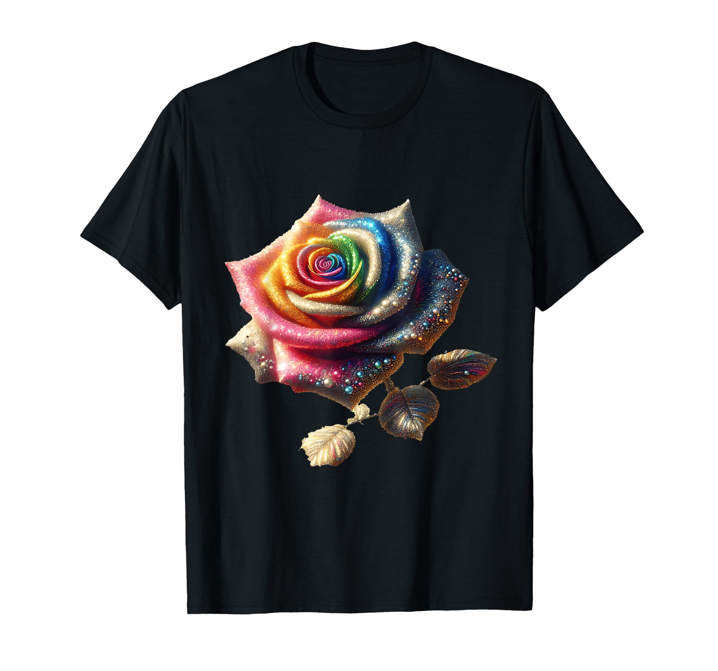 Fantasy Cute Bejeweled Rainbow Rose T-Shirt
