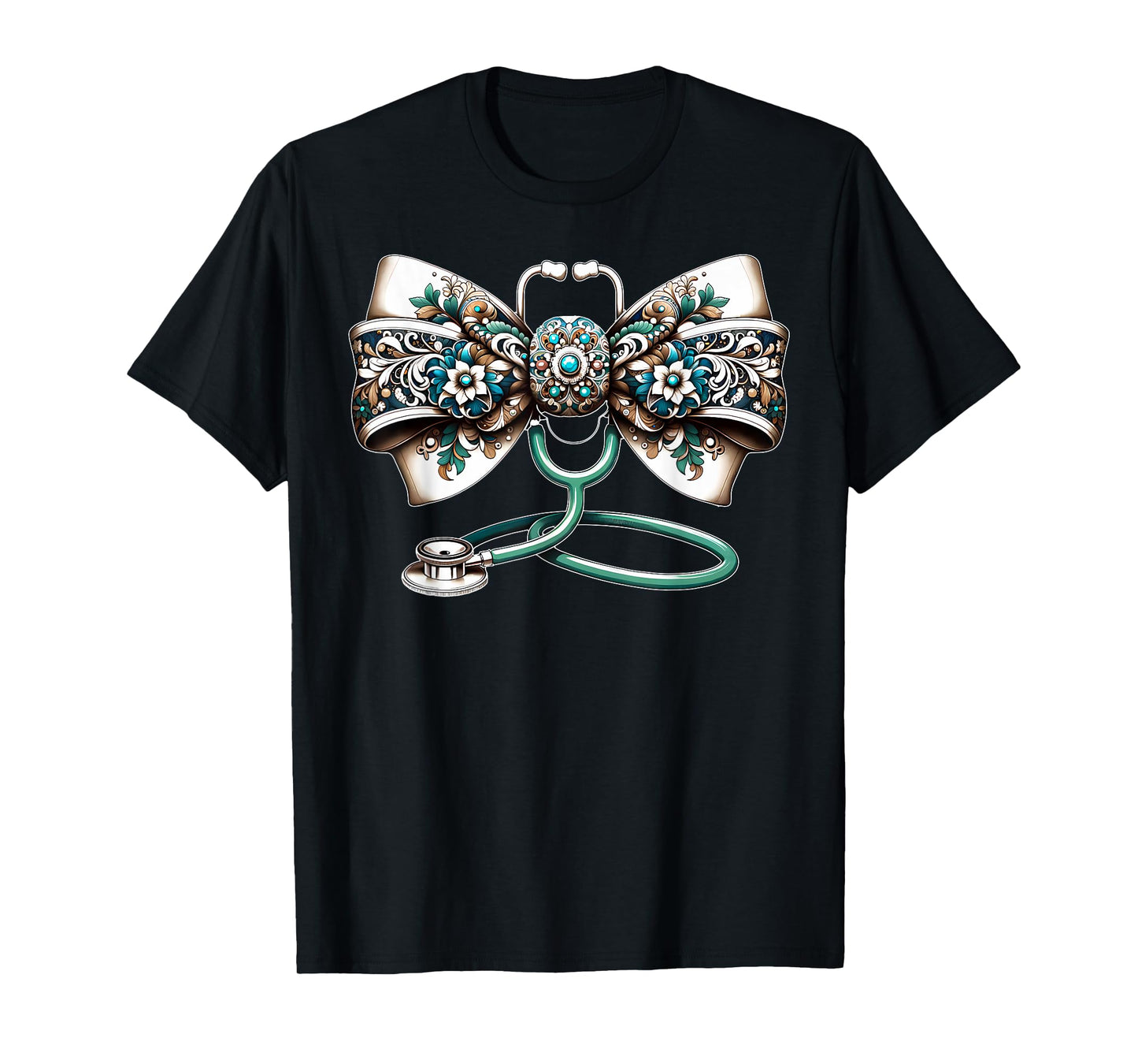 Coquette Bow Stethoscope Western Teal Turquoise RN Nurse T-Shirt