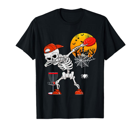Dabbing Skeleton Playing Disc Golf Halloween Player Coach T-Shirt