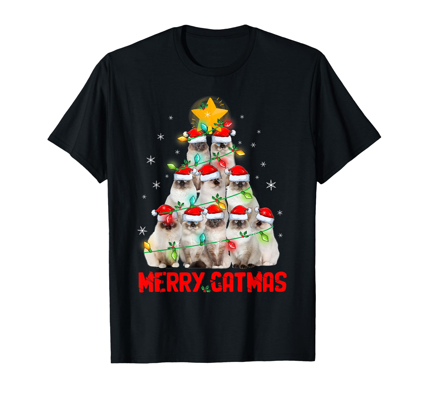 Merry Catmas Santa Birman Cats Christmas Tree Lights Xmas T-Shirt