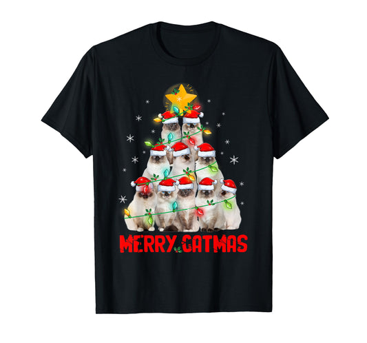 Merry Catmas Santa Birman Cats Christmas Tree Lights Xmas T-Shirt