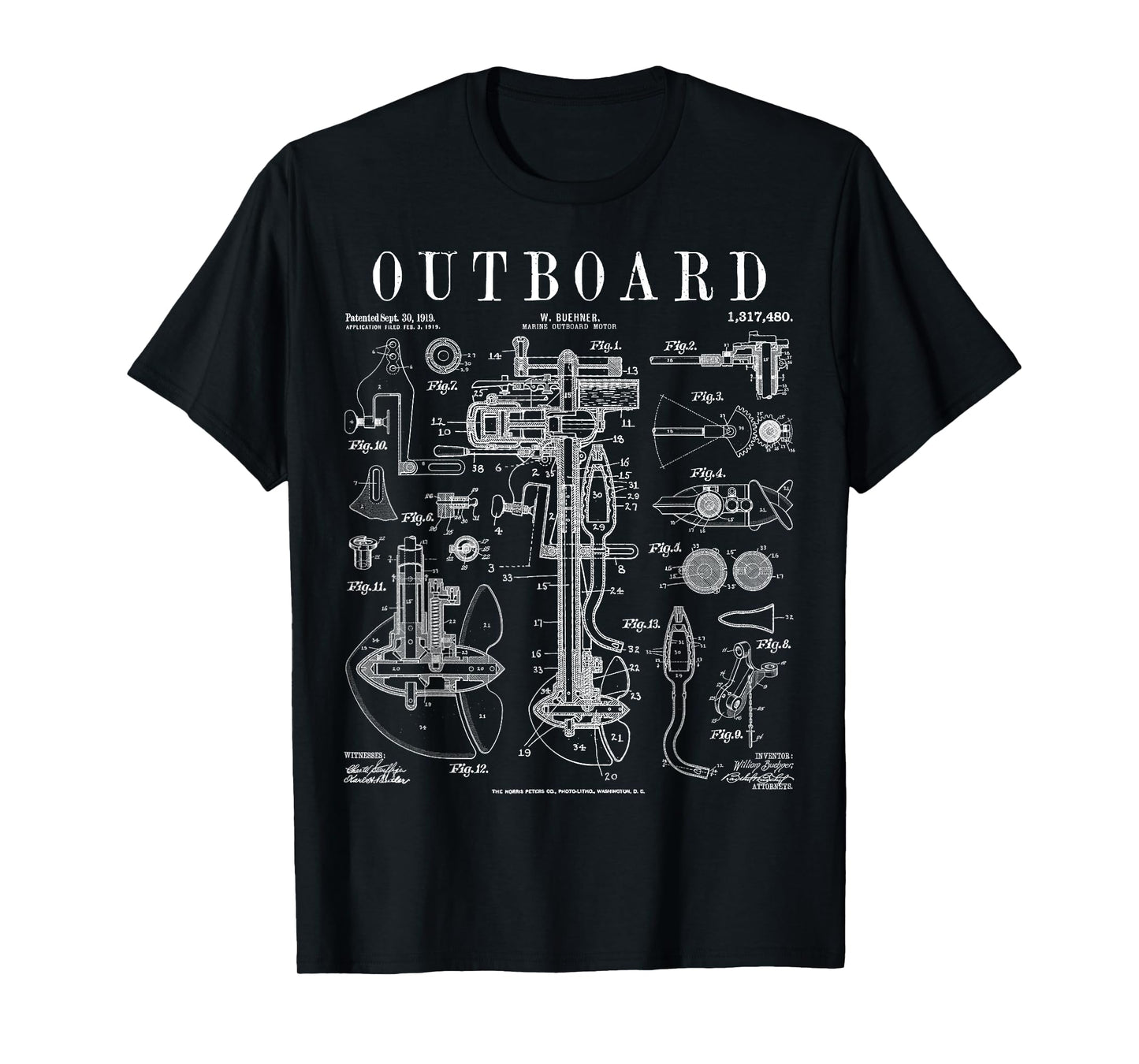 Fishing Boat Outboard Marine Motor Vintage Patent Print T-Shirt