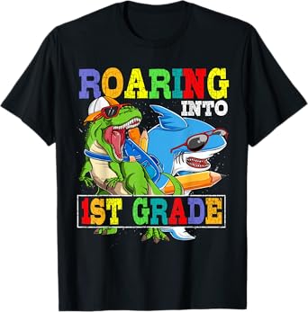 Roaring 1st Grade Dinosaur Shark Back to School Boys Kids T-Shirt
