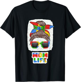 Mom Life Cute Messy Bun Master Builder Building Blocks Women T-Shirt