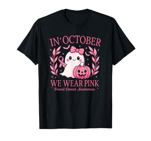 in October We Wear Pink Ghost Witch Breast Cancer Awareness T-Shirt