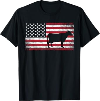 Cow Farm Farmer 4th of July American Flag Patriotic USA T-Shirt