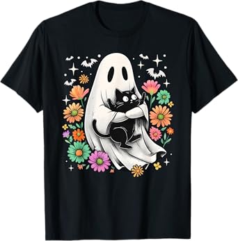 Spooky Ghost Black Cat Lover Groovy Floral Halloween T-Shirt for Men Women Kids