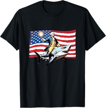 4th of July George Washington Riding Shark American Flag Men T-Shirt