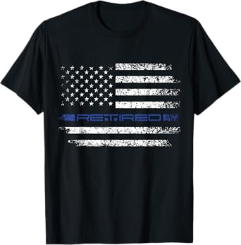 Police Officer Thin RETIRED Blue Line American Flag T-Shirt