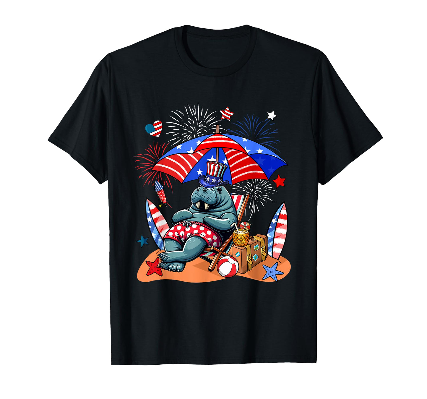 Manatee Sunglasses Relaxing On Beach 4th Of July US Flag T-Shirt