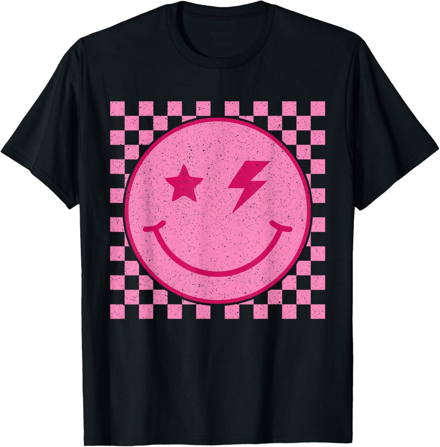 Retro Pink Happy Face Checkered Pattern Smile Face Trendy T-Shirt