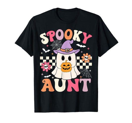 Groovy Spooky Aunt Ghost Holding Pumpkin Halloween Aunt T-Shirt