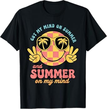Groovy Happy Face Summer Vibes Got My Mind On Summer Teacher T-Shirt