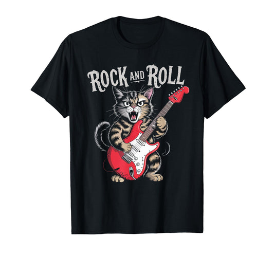 Rock and Roll Cat Playing Guitar Rock Star for Men Women Kid T-Shirt