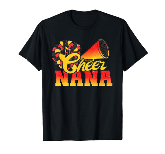 Cheer Nana Biggest Fan Cheerleader Orange Red Gold Pom Pom T-Shirt
