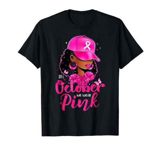 in October We Wear Pink Black Woman Cowgirl Breast Cancer T T-Shirt