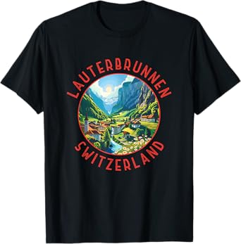 Lauterbrunnen Switzerland Retro Distressed Circle Vintage T-Shirt, Small, Black