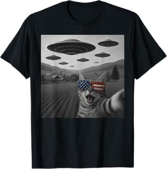4th Of July Cat Selfie With Alien UFO USA Flag Sunglasses Men Women Kids T-Shirt