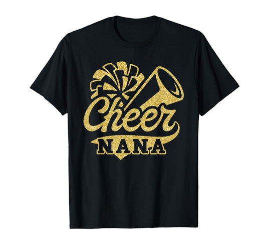 Cheer Nana Biggest Fan Cheerleader Black Yellow Gold Pom Pom T-Shirt