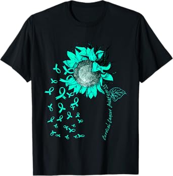 CERVICAL CANCER AWARENESS Sunflower Teal Ribbon T-Shirt