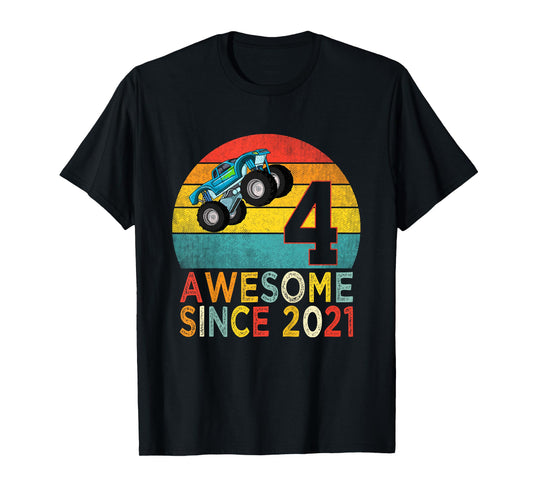 4th Birthday Monster Truck Lover 4 Years Old Vintage Retro T-Shirt