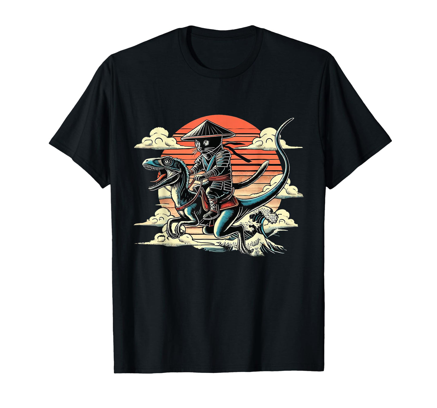 Retro Ninja Cat Riding A Dinosaur Japanese Art Cat Lovers T-Shirt