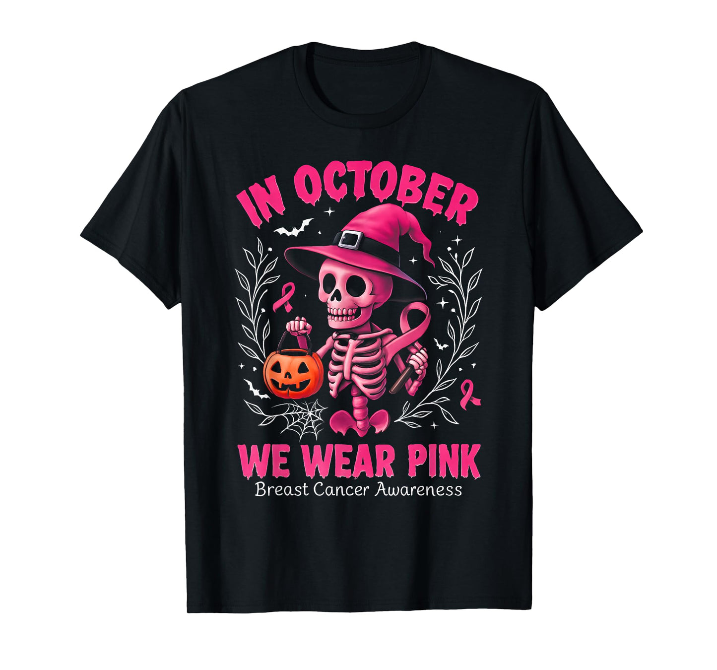 in October We Wear Pink Breast Cancer Women Girls Halloween T-Shirt