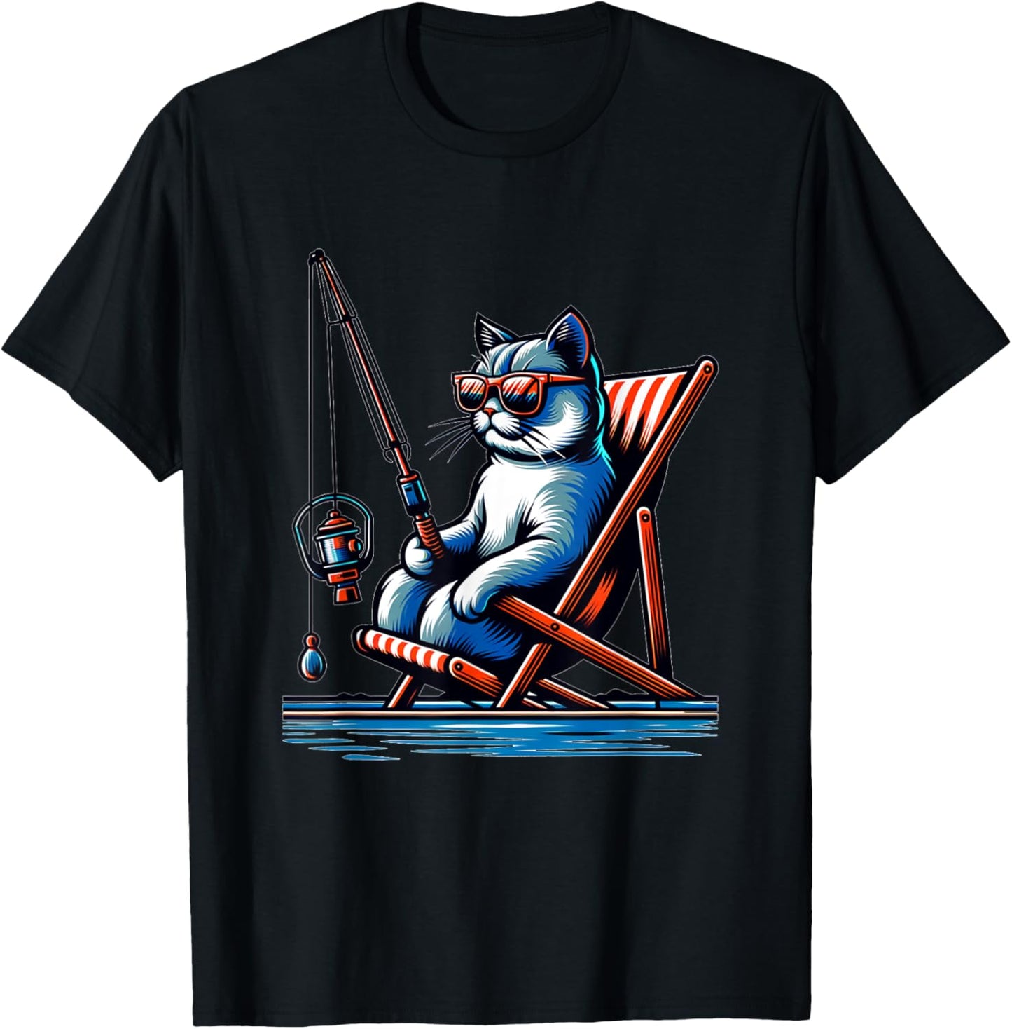 Funny Fishing Cat T-Shirt, Black, Small