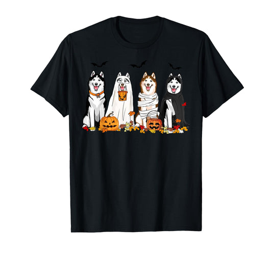 Siberian Husky Dogs Ghost Witch Mummy Halloween Pumpkins T-Shirt