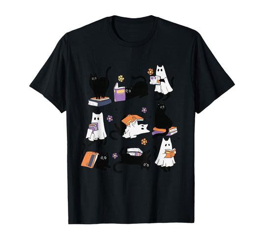 Halloween Ghost Black Cat Reading Book Costume T-Shirt