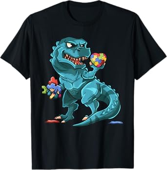 Autism Awareness Dinosaur Shirt | T-Rex Heart Puzzle Pieces T-Shirt