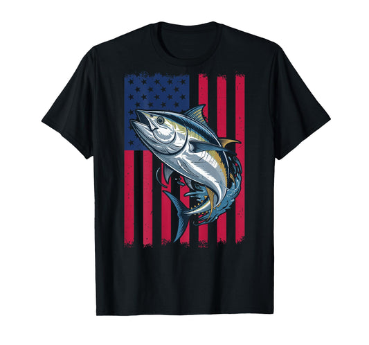Youth Boys Deep Sea Fishing American Flag Bluefin Tuna Fish T-Shirt