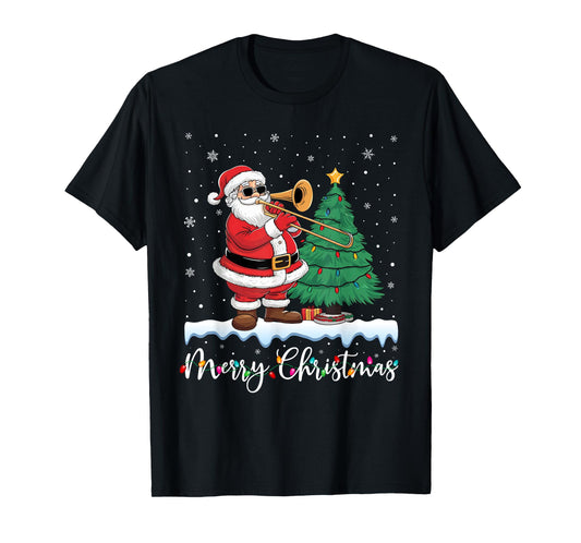 Merry Christmas Lights Santa Playing Trombone Ugly Xmas T-Shirt
