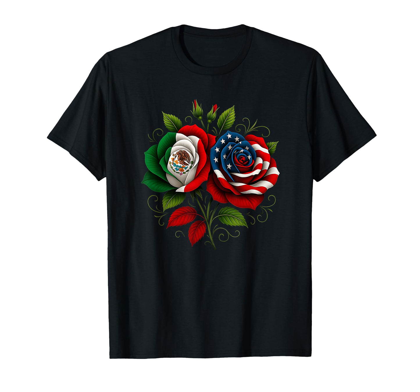 Mexico USA Flag Mexican Flag American Flag Rose Flower T-Shirt