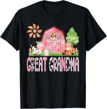 Great Grandma Pink Farm Cow Kids Birthday Matching Family T-Shirt