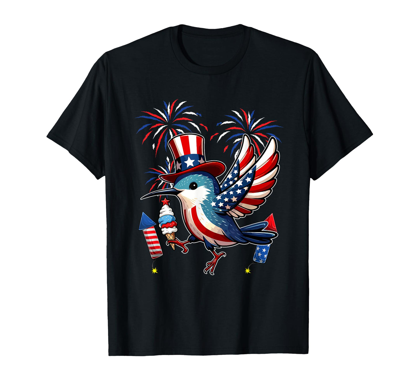 Hummingbird Sunglasses Eating Ice Cream 4th July US Flag T-Shirt