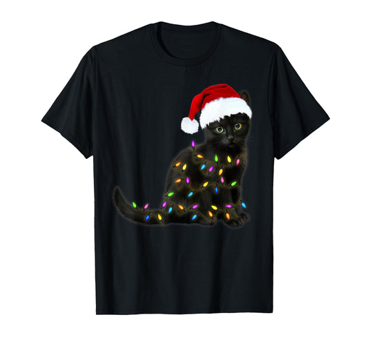 Black Cat With Christmas Light Funny Cat Lover Christmas T-Shirt