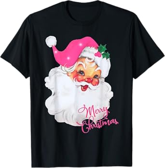 Vintage Pink Santa Claus Merry Christmas Pajamas Xmas Women T-Shirt
