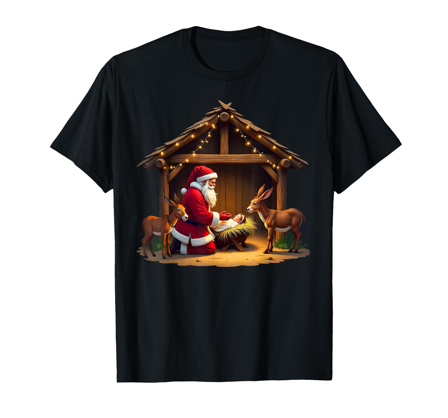 Kneeling Santa Claus & Baby Jesus Merry Christmas Christians T-Shirt