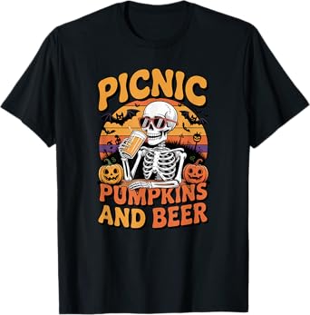 Halloween Tee Skeleton Picnic Pumpkins and Beer Retro T-Shirt