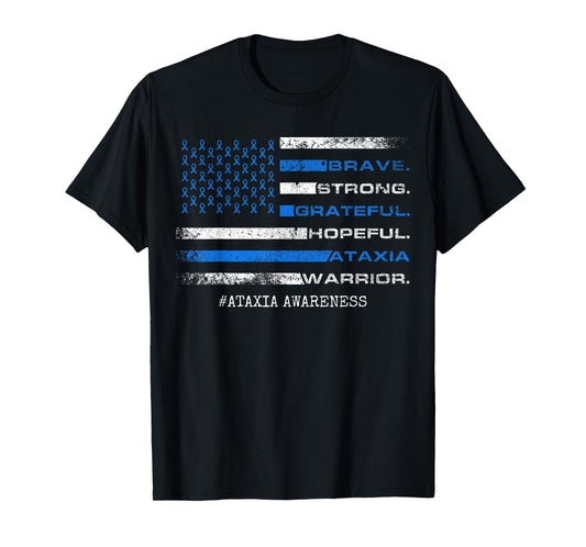 Ataxia Awareness Blue Ribbon American Flag Ataxia Warrior T-Shirt